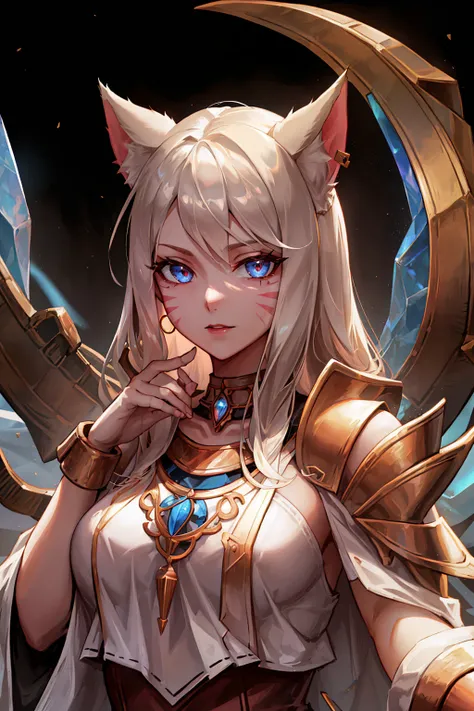 1girl, ahri \(league of legends\), fox girl, fox ears, fox tail, blonde hair, choker, facial mark, whisker markings, <lyco:kda-v1-lycoris-16dim-10ep-naivae:0.7> , looking at viewer, solo, upper body, detailed face, (<lora:DwemerTech:0.7> dwemertech, ancient, brass theme:1.1) martyr, stoic expression, red ancient white tunic, laurel, egyptian mythology, height of ancient egypt, Alexandria, scarab beetle, bronze age, ancient palace, valleys in background, night, darkness, stars, aura of light, epic atmosphere, ,, ((masterpiece)), (best quality), 8k, ultra-detailed, absurdress