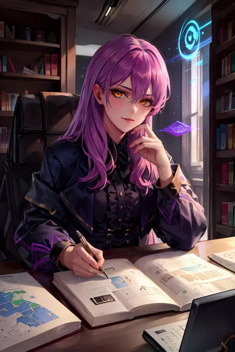 1girl, evelynn \(league of legends\), purple hair, yellow eyes, hair between eyes, purple hair, <lyco:kda-v1-lycoris-16dim-10ep-naivae:0.7> , solo, upper body, looking at viewer, detailed background, detailed face, intricate details, (victorian theme:1.1) scribe sitting at desk, scholar robes, writing, concentrating, clutter, surrounded by books, maps, magic texts, runes, abacus, ledger, formulas, magic emerging from text, (style-swirlmagic:1.0), intelligence, archive in background, magical light, magical fantasy atmosphere,,, ((masterpiece)), (best quality), 8k, ultra-detailed, absurdress