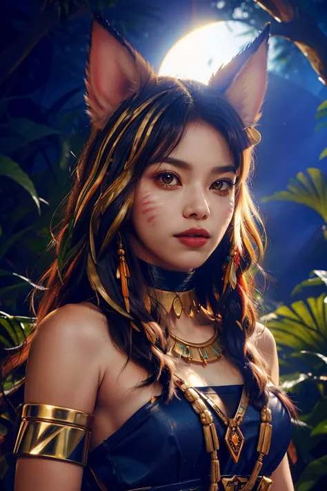 1girl, ahri \(league of legends\), fox girl, fox ears, fox tail, blonde hair, choker, facial mark, whisker markings, <lyco:kda-v1-lycoris-16dim-10ep-naivae:0.7> , portrait, solo, upper body, looking at viewer, detailed background, detailed face, (<lyco:CulturePunkBundle-000007:0.5>, OldEgyptAI, ancient egyptian theme:1.1) aggressive feral jungle fighter, dark orange tribal clothing, warpaint, beads, blood, bloodthirsty, tropical climate, fighting stance, stone knife, bushes, colorful plants, stones, vines, beach in background, darkness, cinematic atmosphere,,, ((masterpiece)), (best quality), 8k, ultra-detailed, absurdress