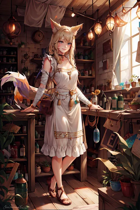 1girl, ahri \(league of legends\), fox girl, fox ears, fox tail, blonde hair, choker, facial mark, whisker markings, <lyco:kda-v1-lycoris-16dim-10ep-naivae:0.7> , looking down, solo, (full body:0.6), detailed background, detailed face, (<lora:BohoAI:0.6>, bohoai, boho theme:1.1), light smile, arms spread, merchant, (light brown:0.8) rich merchant clothes, apron, pouches, busy (medieval shop interior:1.1), (sacks:0.8), (boxes:0.8), selling wide variety of medicine, medicine bottles, medicinal herbs, decoctions, bandages, first aid, coins,,, ((masterpiece)), (best quality), 8k, ultra-detailed, absurdress