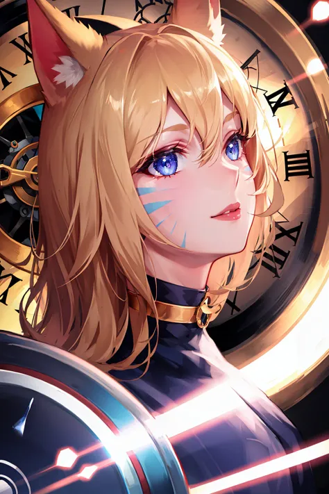 1girl, ahri \(league of legends\), fox girl, fox ears, fox tail, blonde hair, choker, facial mark, whisker markings, <lyco:kda-v1-lycoris-16dim-10ep-naivae:0.7> , portrait, solo, (full body:0.6), looking up, detailed background, detailed face, (high fantasy medieval theme:1.1) (master of time :1.1), infinity, circular patterns, (style-swirlmagic:1.0), clockwork, clock gears, standing still, bloom light aura, clock-face in background, ethereal atmosphere,,, ((masterpiece)), (best quality), 8k, ultra-detailed, absurdress
