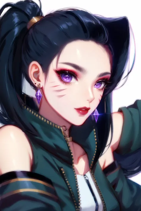 1girl, akali, arm up, bare shoulders, black hair, crystal, earrings, facial mark, jewelry, k/da \(league of legends\), kai'sa, lips, long hair, looking at viewer, makeup, ponytail, purple eyes, solo, upper body, zipper
