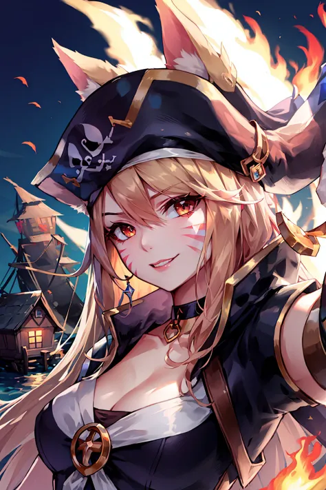 1girl, ahri \(league of legends\), fox girl, fox ears, fox tail, blonde hair, choker, facial mark, whisker markings, <lyco:kda-v1-lycoris-16dim-10ep-naivae:0.7> , <lyco:CulturePunkBundle-000007:0.3>, piratepunkai, skin, character focus, portrait, looking down, solo, upper body, detailed background, sinister smile, cursed outlaw, simple pirate sailor outfit, tattoos, pirate fantasy theme, high seas, cannons, flames, gunpowder, muskets, flying debris, dark storm, coastal pirate town, pier, docks, shacks, camp, peaceful, pirate tents, loot, treasure map, rum, ,, ((masterpiece)), (best quality), 8k, ultra-detailed, absurdress