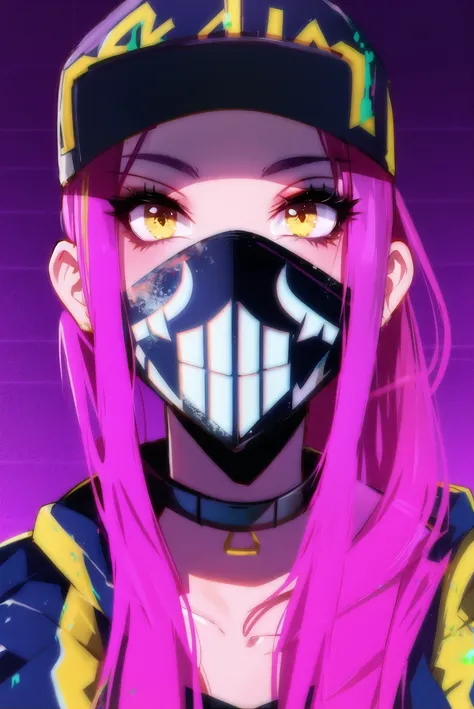 1girl, akali, baseball cap, black choker, choker, hat, jacket, k/da \(league of legends\), long hair, looking at viewer, makeup, mask, mouth mask, paint splatter, pink hair, ponytail, portrait, purple hair, solo, yellow eyes