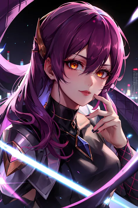 1girl, evelynn \(league of legends\), purple hair, yellow eyes, hair between eyes, purple hair, <lyco:kda-v1-lycoris-16dim-10ep-naivae:0.7> , portrait, looking at viewer, solo, half shot, detailed background, close up, detailed face, futuristic shining digital iron armor, cape, high-tech, microchips, advanced technology, robotics, (small high-tech goggles:0.8), head-up display, dynamic pose, epic futuristic city in background, orange lights, lens flare, neon lights, lasers, electricity, screens, cinematic atmosphere,,, ((masterpiece)), (best quality), 8k, ultra-detailed, absurdress