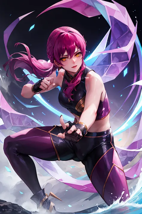 1girl, evelynn \(league of legends\), purple hair, yellow eyes, hair between eyes, purple hair, <lyco:kda-v1-lycoris-16dim-10ep-naivae:0.7> , looking at viewer, solo, (full body:0.6), detailed background, detailed face, (eastern dragon theme:1.1), hair flowing in the wind, martial artist, dynamic pose, fighting stance, clenched fist, fingerless gloves, elemental themed clothes, sleeveless fighter clothes, mountainous landscape in background, swirling floating particles, dust cloud, depth of field, dynamic composition, mystical eastern medieval atmosphere,,, ((masterpiece)), (best quality), 8k, ultra-detailed, absurdress