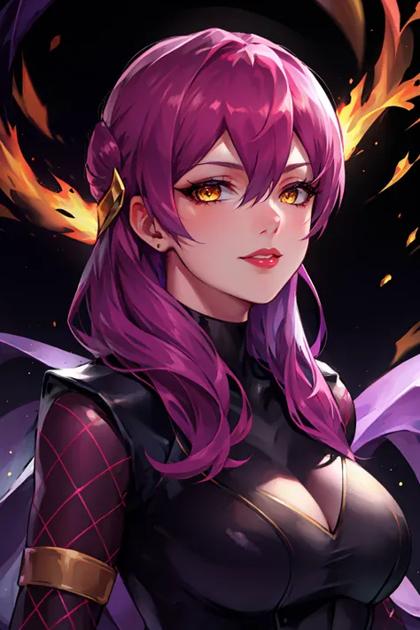 1girl, evelynn \(league of legends\), purple hair, yellow eyes, hair between eyes, purple hair, <lyco:kda-v1-lycoris-16dim-10ep-naivae:0.7> , portrait, solo, (full body:0.6), looking at viewer, detailed background, detailed face, ( 1920s art deco theme:1.1), spy, disguised, espionage, intrigue, infiltration, advanced techwear, yellow spy clothes, flames in background, night mysterious cinematic atmosphere,,, ((masterpiece)), (best quality), 8k, ultra-detailed, absurdress