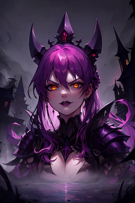 1girl, evelynn \(league of legends\), purple hair, yellow eyes, hair between eyes, purple hair, <lyco:kda-v1-lycoris-16dim-10ep-naivae:0.7> , portrait, solo, (full body:0.6), detailed background, detailed face, (<lora:GothicPunkAI:0.5>, gothicpunkai, gothic theme:1.1), angry expression, dark death knight, red clothes, chained armor, cape, evil royal thorned crown, spiders in background, desolate landscape in background, dark sinister atmosphere, dark night, trending on artstation