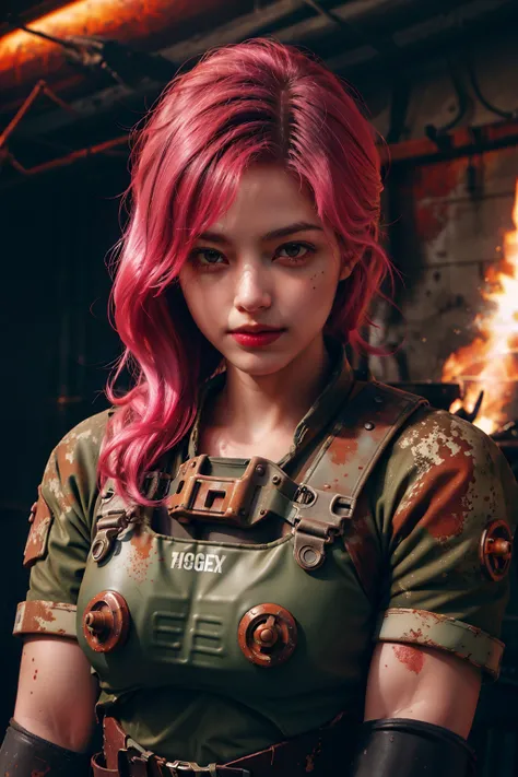 1girl, akali, pink hair, <lyco:kda-v1-lycoris-16dim-10ep-naivae:0.7> , portrait, solo, half shot, looking down, detailed background, detailed face, (<lyco:PunkBundleAI:0.4>, dieselpunkai, ww2 dieselpunk theme:1.1), rust-warrior, rusty armor, rusted iron, (rusty:1.05), red rust, weathered, dented, dirt, workshop in background, dark lighting, shadows, dark clouds, cinematic atmosphere,,, ((masterpiece)), (best quality), 8k, ultra-detailed, absurdress