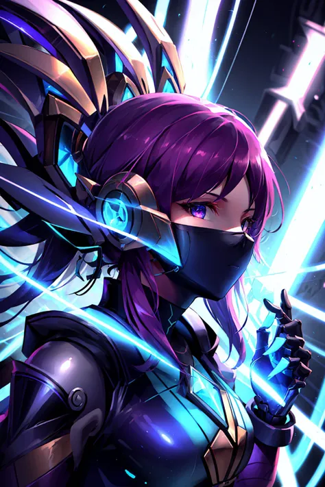1girl, kai'sa, purple hair, purple eyes, <lyco:kda-v1-lycoris-16dim-10ep-naivae:0.7> , portrait, solo, upper body, looking at viewer, detailed background, detailed face, (<lora:AntimatterTech-20:0.5>, antitech, antimatter theme:1.1), android, mechanical limbs, mechanical eyes, high-tech, walking, emotionless, artificial intellgience, steel, digital implants, nanotechnology, circuits, powered by fire, bright light green lights, reflections, neon colors, wires in background, cinematic atmosphere,,, ((masterpiece)), (best quality), 8k, ultra-detailed, absurdress