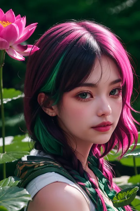 1girl, akali, pink hair, <lyco:kda-v1-lycoris-16dim-10ep-naivae:0.7> , character focus, portrait, solo, (full body:0.6), looking down, detailed background, detailed face, (hogwarts theme:1.1), working, botanist, roots, mandrake, greenery, magical plants, colorful plants, blooming flowers, floating plants, (style-swirlmagic:0.8), green energy, healing magic, green color scheme, lotus, wild growth, herbs, mushrooms, research, botanical laboratory in background, low light, magical atmosphere,,, ((masterpiece)), (best quality), 8k, ultra-detailed, absurdress