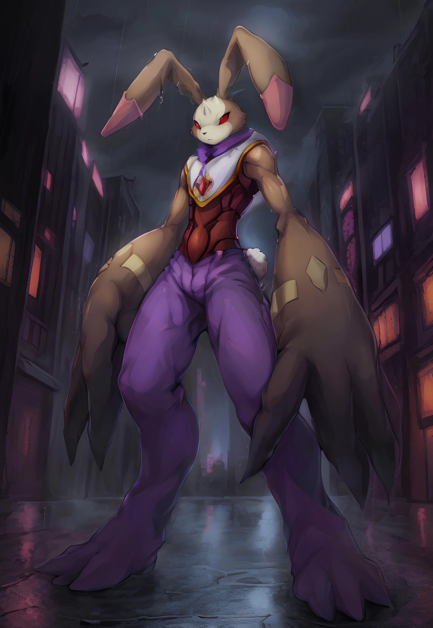 masterpiece, best quality, antylamon, <lora:SAU Antylamon V1.0:0.8>, detailed background, rabbit, long ears, long arms, big hands, digimon, brown fur, white fur, red eyes, red sclera, multi colored body, looking at viewer, anthro, furry, clothed, armor, cuirass, white topwear, three horns, small waist, city, rain, scary, <lora:Addams:0.5>, <lora:add_detail:0.4>, light from above, anthro, furry, arabian clothing,
