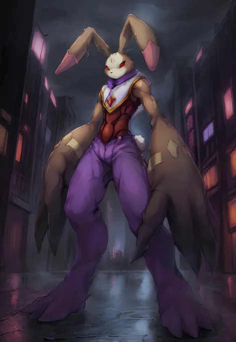 masterpiece, best quality, antylamon,   <lora:SAU Antylamon V1.0:0.8>, detailed background, rabbit,  long ears, long arms, big hands,  digimon, brown fur, white fur, red eyes, red sclera, multi colored body, looking at viewer,  anthro, furry,  clothed,  armor,  cuirass,  white topwear, three horns, small waist,  city, rain, scary,   <lora:Addams:0.5>,  <lora:add_detail:0.4>, light from above, anthro, furry, arabian clothing,