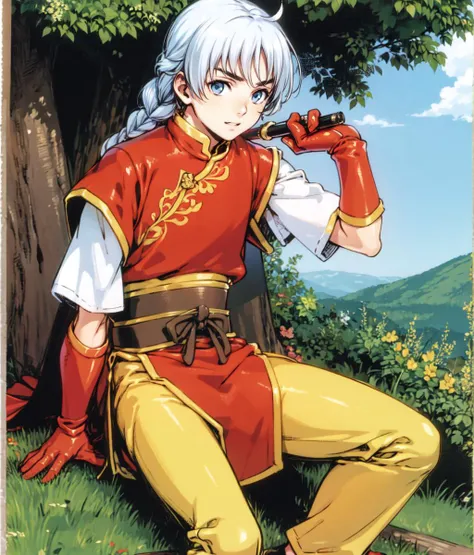 masterpiece, anime screencap, 1 boy, solo, white hair, blue eyes, braid, chinese clothes, red shirt, ((white sleeves)), (yellow pants), full body, outdoors, forest, cowboy shot <lora:Tir:0.6> <lora:Freyjadour:0.7>