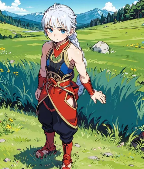 masterpiece, anime screencap, 1 boy, solo, white hair, blue eyes, braid, red black outfit, bare shoulders, bare arms, wristbands, full body, outdoors, chinese mountain, cowboy shot  <lora:Freyjadour:1>