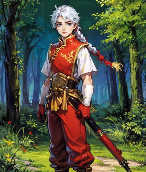 masterpiece, anime screencap, 1 boy, solo, white hair, blue eyes, braid, chinese clothes, red shirt, ((white sleeves)), (yellow pants), full body, outdoors, forest, cowboy shot  <lora:Tir:0.6>  <lora:Freyjadour:0.7>