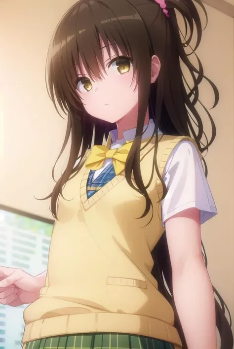 mikanyuuki, <lora:mikan yuuki darkness-lora-nochekaiser:1>,
mikan yuuki, (brown eyes:1.5), brown hair, hair ornament, hair scrunchie, long hair, pink scrunchie, scrunchie, (flat chest:1.2),
BREAK green skirt, plaid, plaid skirt, sainan high school uniform, school uniform, skirt, shirt, white shirt, sweater vest, (yellow sweater vest:1.5),
BREAK indoors, classroom,
BREAK looking at viewer, (cowboy shot:1.5),
BREAK <lyco:GoodHands-beta2:1>, (masterpiece:1.2), best quality, high resolution, unity 8k wallpaper, (illustration:0.8), (beautiful detailed eyes:1.6), extremely detailed face, perfect lighting, extremely detailed CG, (perfect hands, perfect anatomy),