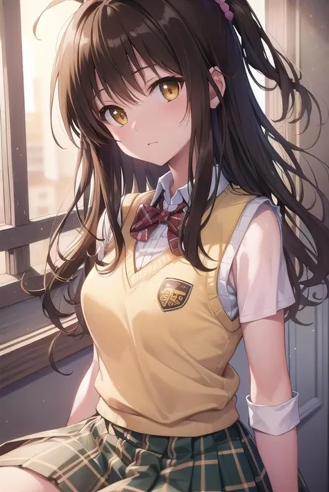 mikanyuuki, <lora:mikanyuukitest:1>,
mikan yuuki, (brown eyes:1.7), brown hair, hair ornament, hair scrunchie, long hair, pink scrunchie, scrunchie, (flat chest:1.2),
BREAK green skirt, plaid, plaid skirt, sainan high school uniform, school uniform, skirt, shirt, white shirt, sweater vest, (yellow sweater vest:1.5),
BREAK looking at viewer,
BREAK indoors, classroom,
BREAK <lora:GoodHands-vanilla:1>, (masterpiece:1.2), best quality, high resolution, unity 8k wallpaper, (illustration:0.8), (beautiful detailed eyes:1.6), extremely detailed face, perfect lighting, extremely detailed CG, (perfect hands, perfect anatomy),