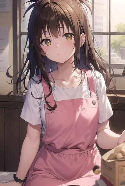 mikanyuuki, <lora:mikanyuukitest:1>,
mikan yuuki, (brown eyes:1.7), brown hair, hair ornament, hair scrunchie, long hair, pink scrunchie, scrunchie, (flat chest:1.2),
BREAK apron, blouse, collarbone, layered skirt, pink shirt, shirt, short sleeves, skirt, yellow apron,
BREAK looking at viewer,
BREAK indoors,
BREAK <lora:GoodHands-vanilla:1>, (masterpiece:1.2), best quality, high resolution, unity 8k wallpaper, (illustration:0.8), (beautiful detailed eyes:1.6), extremely detailed face, perfect lighting, extremely detailed CG, (perfect hands, perfect anatomy),