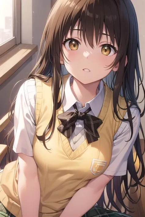mikanyuuki, <lora:mikanyuukitest:1>,
mikan yuuki, (brown eyes:1.7), brown hair, hair ornament, hair scrunchie, long hair, pink scrunchie, scrunchie, (flat chest:1.2),
BREAK green skirt, plaid, plaid skirt, sainan high school uniform, school uniform, skirt, shirt, white shirt, sweater vest, (yellow sweater vest:1.5),
BREAK looking at viewer,
BREAK indoors, classroom,
BREAK <lora:GoodHands-vanilla:1>, (masterpiece:1.2), best quality, high resolution, unity 8k wallpaper, (illustration:0.8), (beautiful detailed eyes:1.6), extremely detailed face, perfect lighting, extremely detailed CG, (perfect hands, perfect anatomy),