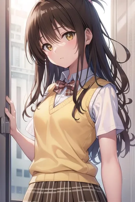 mikanyuuki, <lora:mikanyuukitest:1>,
mikan yuuki, (brown eyes:1.7), brown hair, hair ornament, hair scrunchie, long hair, pink scrunchie, scrunchie, (flat chest:1.2),
BREAK green skirt, plaid, plaid skirt, sainan high school uniform, school uniform, skirt, shirt, white shirt, sweater vest, (yellow sweater vest:1.5),
BREAK looking at viewer,
BREAK indoors, classroom,
BREAK <lora:GoodHands-vanilla:1>, (masterpiece:1.2), best quality, high resolution, unity 8k wallpaper, (illustration:0.8), (beautiful detailed eyes:1.6), extremely detailed face, perfect lighting, extremely detailed CG, (perfect hands, perfect anatomy),