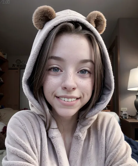 HazeLynnTI, photo of 21yo women, 1girl, skinny, small breast, seductive smile, long brown hair, <lora:HZL:0.8>, nude, 3/4 upper body, tilted head,
<lora:t3ddy:0.3> t3ddy, (dark brown fluffy onsie with bear ears:1.1), hood,
detailed skin, HDR, high quality, <lora:LowRA:0.4>