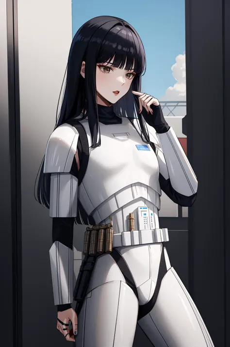 masterpiece, best quality, solo male, outdoors, power plant, <lora:zs_Naomi:0.8> naomidssh, long hair, black hair, lipstick, makeup, blunt bangs, <lora:CONCEPT-StormTrooper:0.8> StormTrooper, armor, helmet