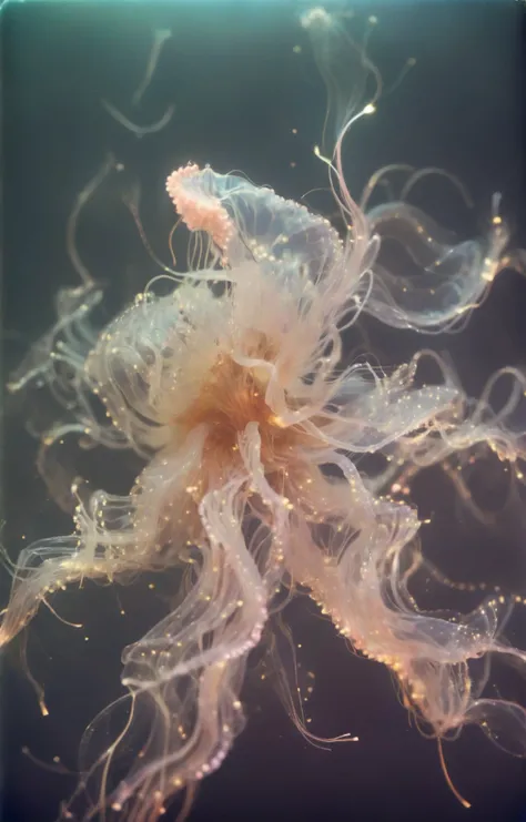 1950s photography BREAK old topographical map, <lora:SDS_Particle_Flow:0.6> SDS_Particle_Flow, flowing silk sheets, (ethereal jellyfish:1.5), fiber optic, luminescence, geometric gradients background BREAK (old polaroid photo:2), stunning beauty, detailed skin, skin texture, skin pores, (freckles:0.25). Polaroid SX-70, pastel colors, film by Wes Anderson, hazy, vintage, analog style, 1950's, style of Nan Goldin, style of Oleg Oprisco