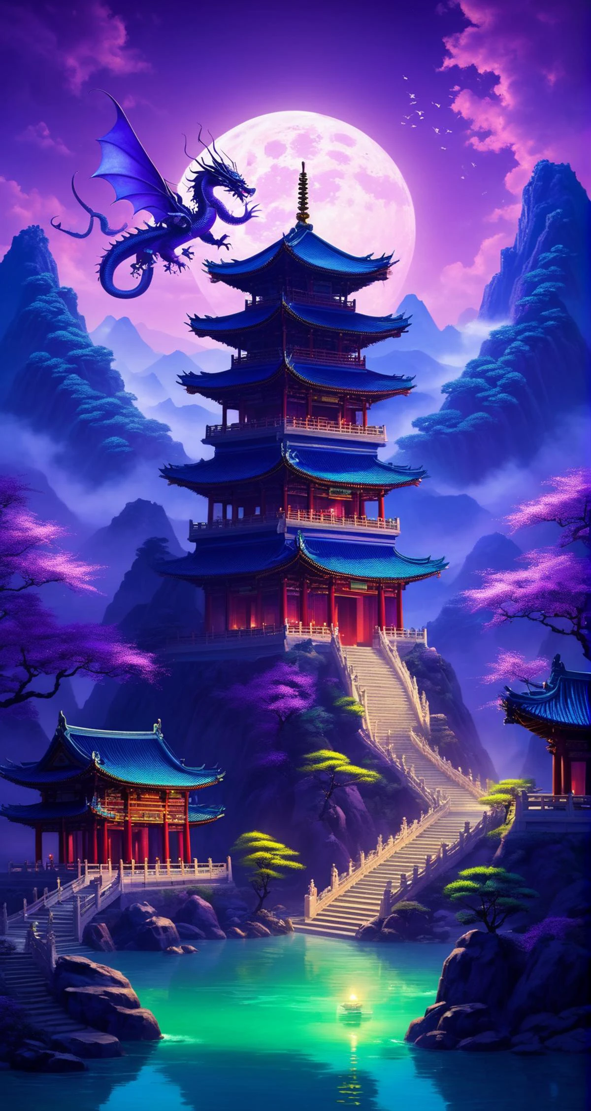 In front of them was a towering mountain,surging purple qi,and surging auspicious light. At a glance,one could tell that it was a rare pure land in the human world. That hill rises like thousands of authentic rules,
Inside the mountain gate,it was extremely holy. On top of the huge mountains,there were jade towers,divine waterfalls falling,immortal light rising,auspicious qi lingering,it was amazing. Those mountains are even more fragrant with holy medicine and colorful,
There was also a huge lake where ancient divine dragons were raised. They were regarded as ornamental fish insects,and they occasionally spat water and electric light,
<lora:SDS_Particle_Flow:0.3>,<lora:PE_NeonSignStyle:0.5>,