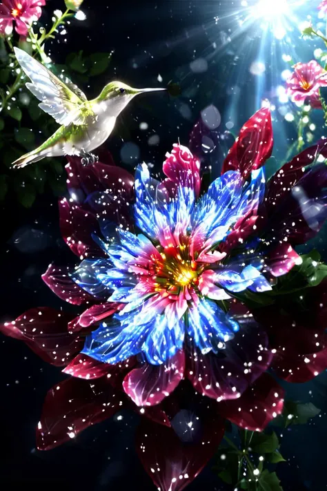 Crystal petunia flowers and vines, ruby, sapphire, diamond, perfect quality, masterpiece, sunny garden, ray tracing, light rays, bright atmospheric lighting, shimmering crystalline structures, ((Hummingbird))
<lora:sdxl_++:0.9>,SDS_Particle_Flow, <lora:more_details:0.5>