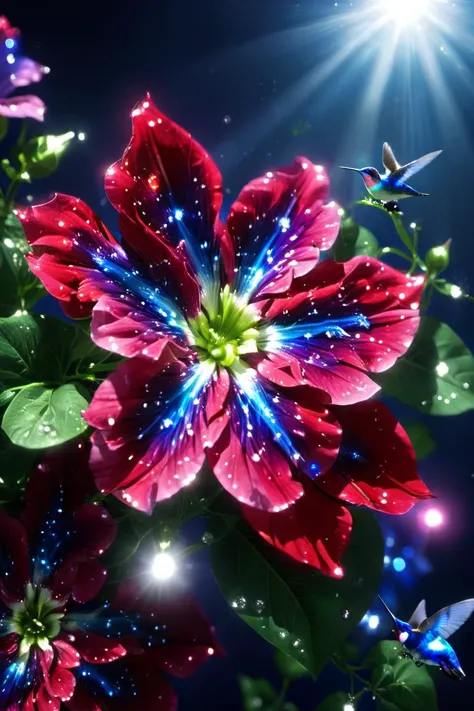 Crystal petunia flowers and vines, ruby, sapphire, diamond, perfect quality, masterpiece, sunny garden, ray tracing, light rays, bright atmospheric lighting, shimmering crystalline structures, (Hummingbird)
 <lora:sdxl_++:0.7>,SDS_Particle_Flow <lora:more_details:0.5>