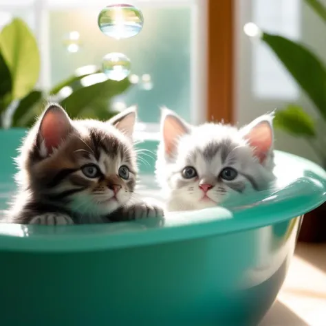 Cuddly fluff ball kittens floating in a large shiny bubble, bright squeaky clean bath tub, sun rays through window, green house plants, masterpiece, absolutely cozy vibes, suds and soap, bath time, clean and fresh, splashing water
 <lora:add_detail:1>