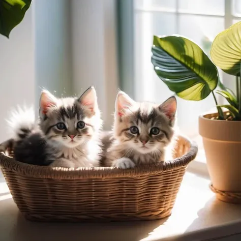 Cuddly fluff ball kittens laying in a wicker basket, bright sunny living room, sun rays through window, green house plants, masterpiece, absolutely cozy vibes