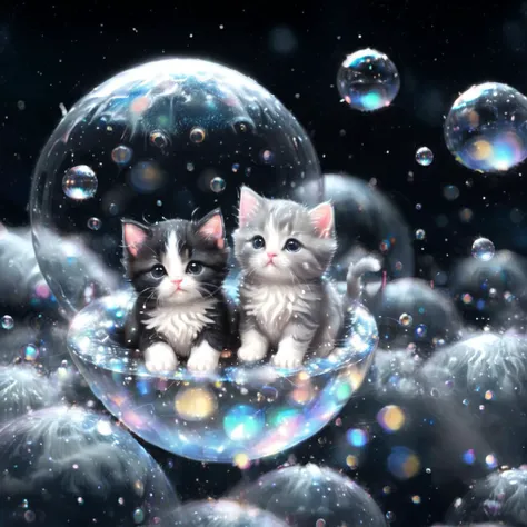 Little tiny kittens floating inside bubbles through the clouds, super fluffy, fluffed out, fluffy puffs, night time, stars, crescent moon background, masterpiece, highly detailed, unbearably cute and cuddly. OMG
<lora:sdxl_++:0.8>, SDS_Particle_Flow
