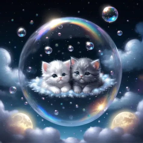 Little tiny kittens floating inside bubbles through the clouds, super fluffy, fluffed out, fluffy puffs, night time, stars, crescent moon background, masterpiece, highly detailed, unbearably cute and cuddly. OMG
<lora:sdxl_++:0.6>, SDS_Particle_Flow