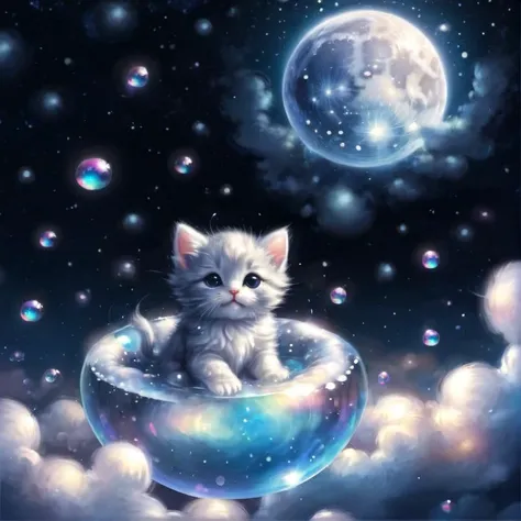 Little tiny kittens floating inside bubbles through the clouds, super fluffy, fluffed out, fluffy puffs, night time, stars, crescent moon background, masterpiece, highly detailed, unbearably cute and cuddly. OMG
 <lora:sdxl_++:0.6>, SDS_Particle_Flow
