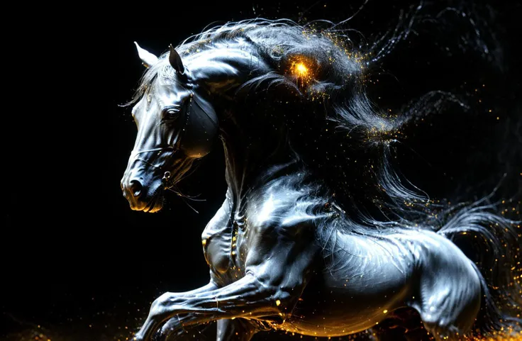 A painting of a colorful wild horse on a black background, breathtaking rendering, dans une connexion radiante, inspired by Kinuko Y. Commerce,, Magical elements, pleurage, est magnifique, lancer un sort multicolore, flash lumineux, Flash