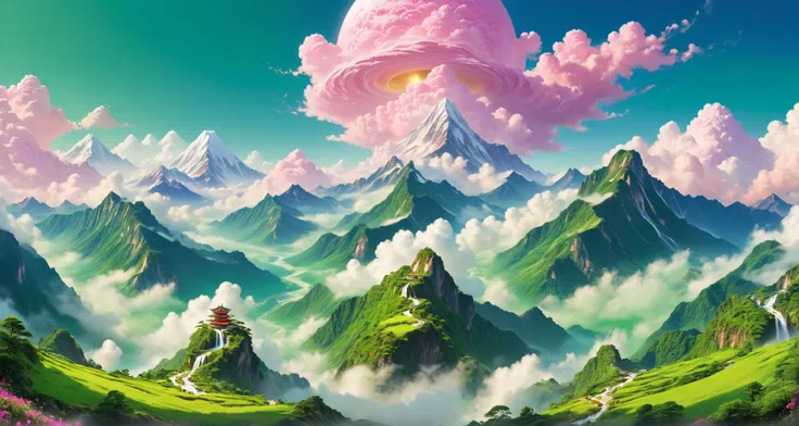 mountain relief,one after another,some were hanging in mid-air,some are located on mountain peaks,all steaming out in sheets of rosy clouds,
on the way,the divine spring gurgled,white mist permeates,rosy clouds are vivid,there are sacred mountains,not rising from the ground,it hangs in the void,it's so green up there,the heavenly air is curling up,and there are golden waterfalls falling down,
on the whole,it's mysterious and holy!,SDS_Particle_Flow,<lora:sdxl_++:0.5>,