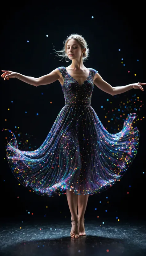 photo of a 20 year old girl, the most beautiful in the world, ((colorful dress out of light particles)dancing), black background,professional photograph, award winning, cinematic, film grain, blurry background, blurry foreground, bokeh, depth of field,full body, <lora:SDS_Particle_Flow:0.5> SDS_Particle_Flow