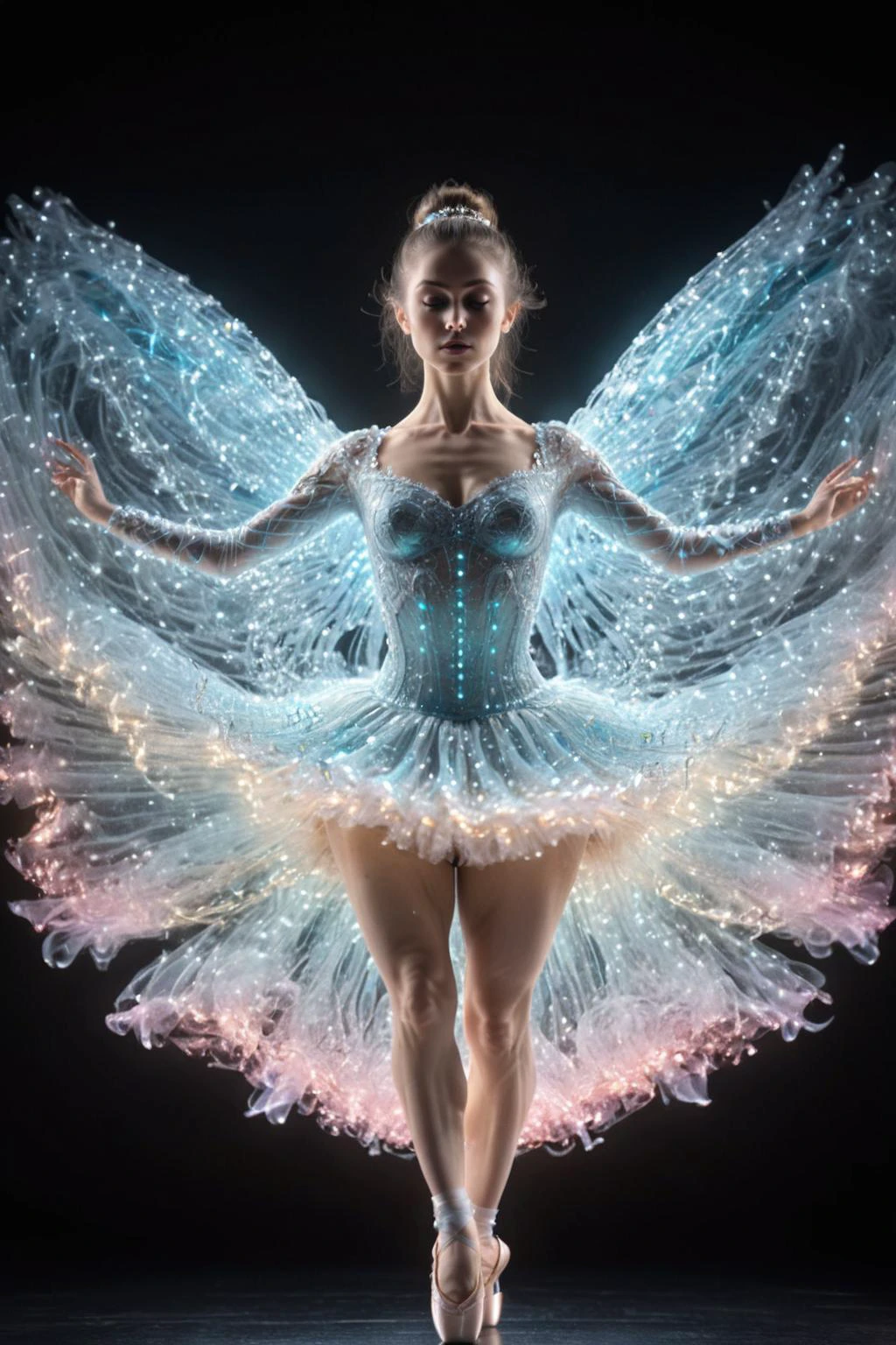 <lora:SDS_Particle_Flow:0.6>,SDS_Particle_Flow,
ethereal essence,(cymatics:0.9),Ballerina Girl,stunning beauty,Baroque and Rococo fusion style tutu,dramatic,movie lighting,Ornate And Intricate,vivid color,(from_below:1.3),