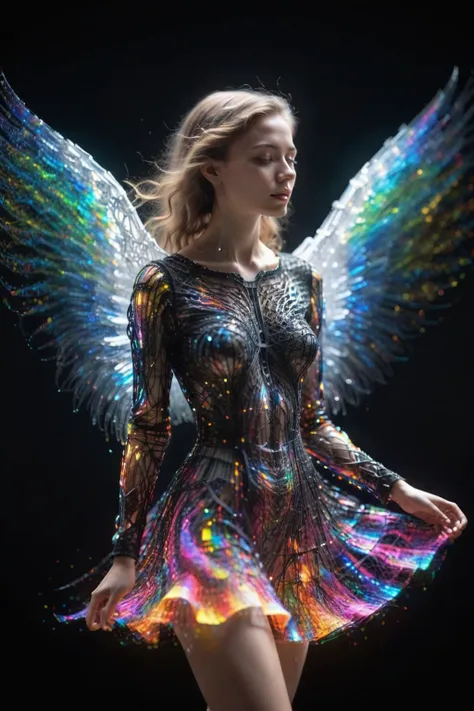 photo of a 20 year old girl,the most beautiful in the world,((colorful dress out of light particles)dancing),black background,professional photograph,award winning,cinematic,film grain,blurry background,blurry foreground,bokeh,depth of field,full body,<lora:SDS_Particle_Flow:0.5>,SDS_Particle_Flow,
by Charles Schridde,ivory,Terragen,extremely beautiful,intricate details,masterpiece,best quality,
Futuristic style,sleek,modern,ultra modern,high tech,detailed,Ornate And Intricate,
A biomechanical beauty with angel wings,volume light,