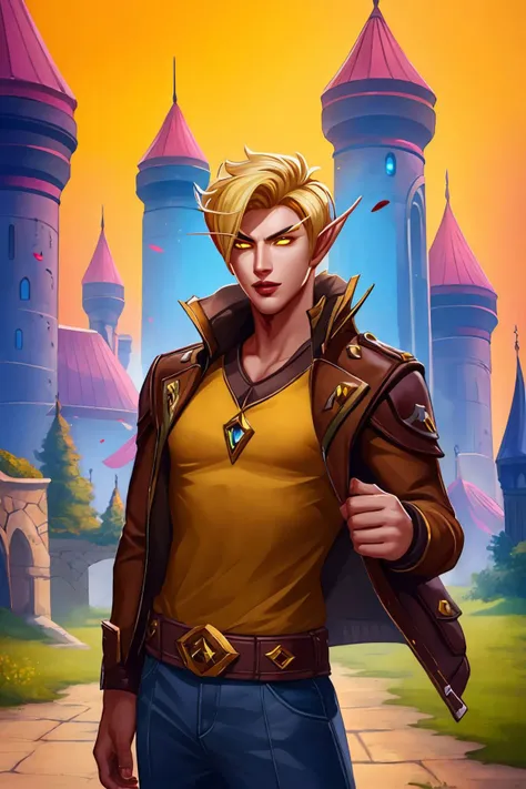 masterpiece, best quality, blood elf, 1boy, short hair, blonde hair, yellow eyes, brown shirt, jacket, belt, looking at viewer, castle background <lora:Blood Elf_v1:1>