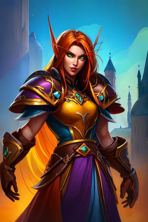 masterpiece, best quality, blood elf, 1girl, long hair, orange hair, green eyes, shoulder armor, brown gloves, looking at viewer, medieval background <lora:Blood Elf_v1:1>