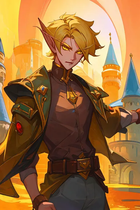 masterpiece, best quality, blood elf, 1boy, short hair, blonde hair, yellow eyes, brown shirt, jacket, belt, looking at viewer, castle background <lora:Blood Elf_v1:1>