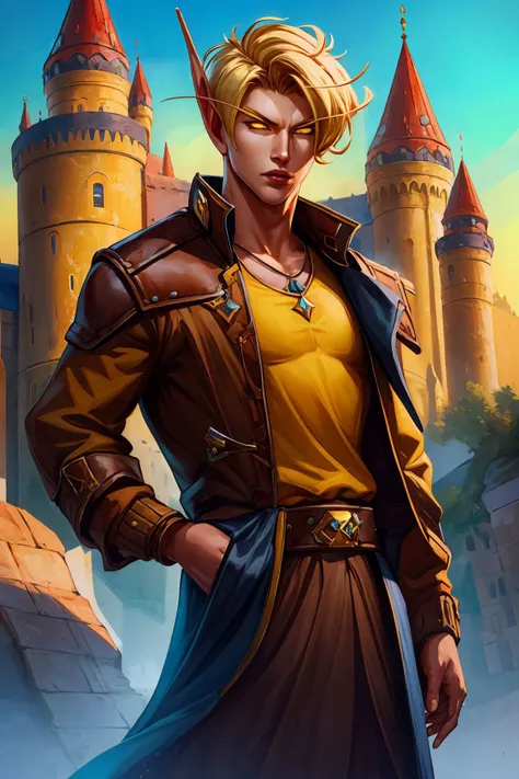 masterpiece, best quality, blood elf, 1boy, short hair, blonde hair, yellow eyes, brown shirt, jacket, belt, looking at viewer, castle background <lora:Blood Elf_v1:1>