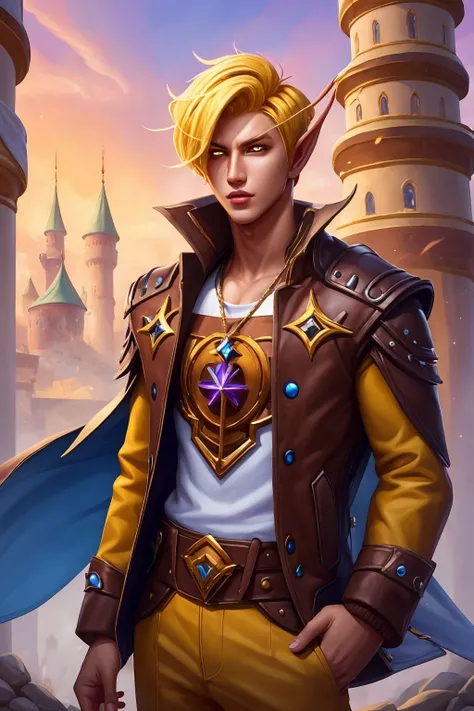 masterpiece, best quality, blood elf, 1boy, short hair, blonde hair, yellow eyes, brown shirt, jacket, belt, looking at viewer, castle background <lora:Blood Elf_v1:1>