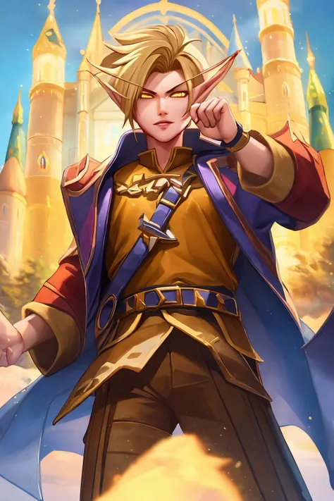 masterpiece, best quality, blood elf, 1boy, short hair, blonde hair, yellow eyes, brown shirt, jacket, belt, looking at viewer, castle background <lora:Blood Elf_v1:1>