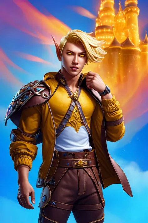 masterpiece, best quality, blood elf, 1boy, short hair, blonde hair, yellow eyes, brown shirt, jacket, belt, looking at viewer, castle background <lora:Blood Elf_v1:1>