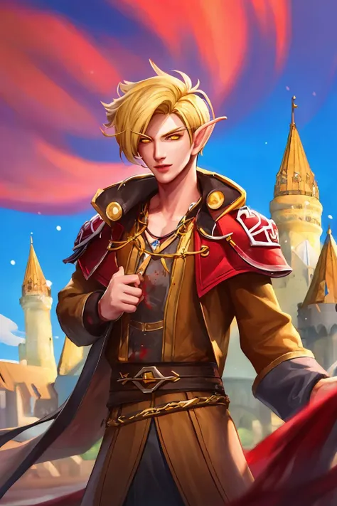 masterpiece, best quality, blood elf, 1boy, short hair, blonde hair, yellow eyes, brown shirt, jacket, belt, looking at viewer, castle background <lora:Blood Elf_v1:1>