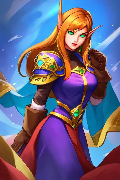 masterpiece, best quality, blood elf, 1girl, long hair, orange hair, green eyes, shoulder armor, brown gloves, looking at viewer, medieval background <lora:Blood Elf_v1:1>